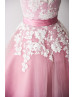 Ivory Lace Mauve Tulle V Back Knee Length Classic Bridesmaid Dress